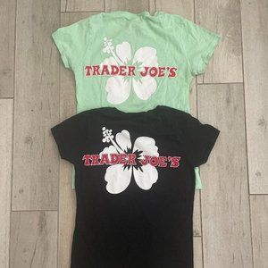 LOT 2 Trader Joes Green Black T-Shirt Hibiscus Employee Women Size Small S